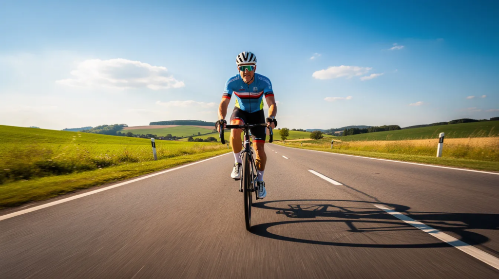 Was ist Ausdauer? Definition, Arten, Training und Wirkung auf das Herz-Kreislauf-System 3 Eine Person fährt auf einem Rennrad eine Landstraße entlang, umgeben von einer sonnigen Landschaft. Diese Aktivität fördert die Ausdauerfähigkeit und das Herz-Kreislauf-System, während der Sportler die Vorteile des Ausdauersports genießt.