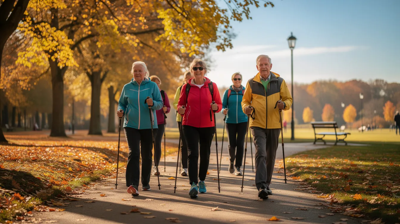 Beliebteste Sportarten Deutschland: Die Nummer 1 und die aktuelle Top 10 5 Eine Gruppe älterer Menschen geht beim Nordic Walking in einem herbstlichen Park. Die bunten Blätter der Bäume umgeben sie, während sie aktiv bleiben und ihre Gesundheit fördern, was eine der beliebtesten Sportarten in Deutschland ist.