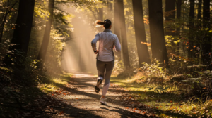 Was ist Ausdauer? Definition, Arten, Training und Wirkung auf das Herz-Kreislauf-System 1 Das Bild zeigt eine Joggerin, die zum Ausdauertraining durch einen Wald läuft.