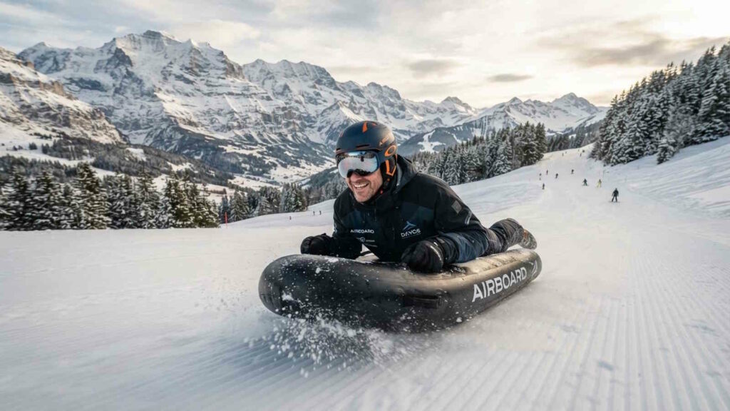 Airboarding: Airboarden als Trendsportart, Technik, Varianten und Sicherheit 3 Das Bild zeigt einen Mann, der auf dem Airboard liegt und einen Abhang in den Alpen heruntergleitet.