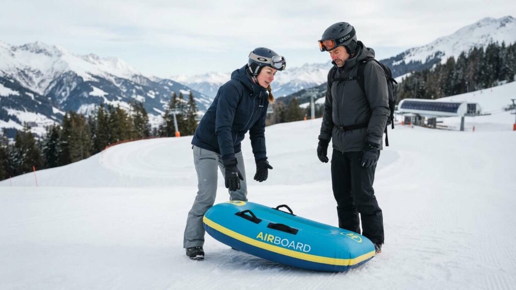 Airboarding: Airboarden als Trendsportart, Technik, Varianten und Sicherheit 1 Das Bild zeigt eine Trainerin, die einen Mann in die Sicherheit, Funktionen etc. beim Airboarding einweist.