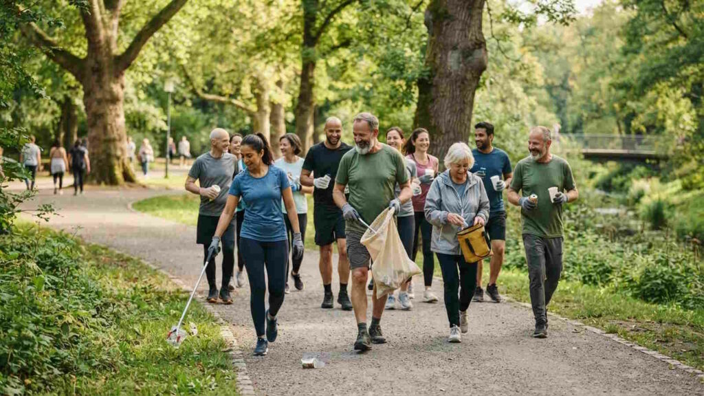 Plogging: Neuer Lauftrend der Joggen und Müllsammeln verbindet 1 Das Bild zeigt einer größeren Plogging-Gruppe im Park, die joggt und dabei Müll aufsammelt.