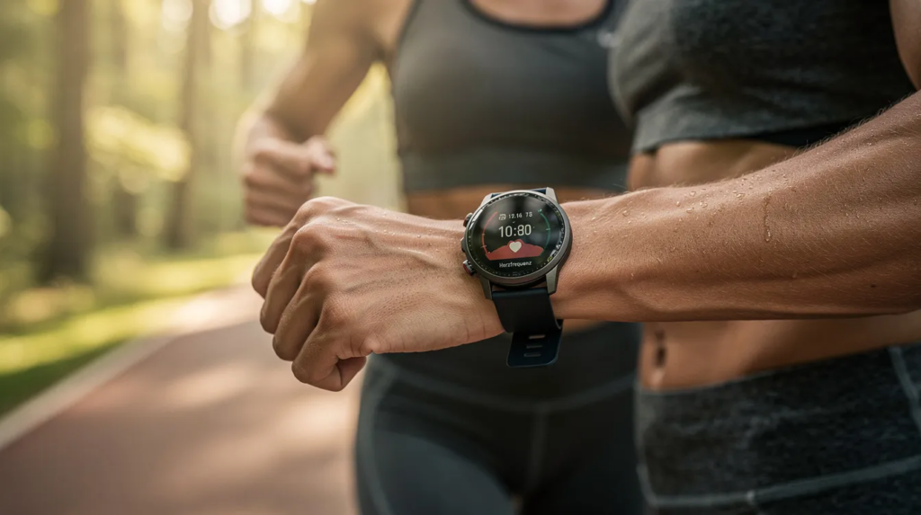 Was ist Ausdauer? Definition, Arten, Training und Wirkung auf das Herz-Kreislauf-System 4 Eine Person überprüft während des Ausdauertrainings im Freien ihre Herzfrequenz auf einer Sportuhr, um sicherzustellen, dass sie im optimalen Bereich für ihr Herz-Kreislauf-System bleibt. Diese Aktivität fördert die Ausdauerfähigkeit und trägt zur Verbesserung der allgemeinen Gesundheit bei.