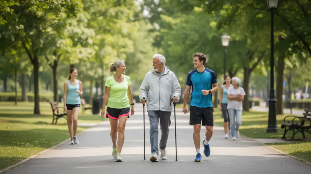 Was ist Ausdauer? Definition, Arten, Training und Wirkung auf das Herz-Kreislauf-System 2 Eine Gruppe von Menschen unterschiedlichen Alters geht gemeinsam in einem Park spazieren, um ihre Ausdauer zu trainieren und das Herz-Kreislauf-System zu stärken. Die fröhlichen Teilnehmer zeigen, wie wichtig Bewegung und Ausdauersport für die Gesundheit und Fitness sind.