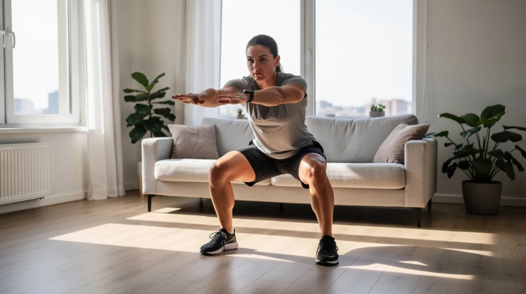 Calisthenics: Workout, Übungen, Muskelaufbau & Tipps 3 Das Bild zeigt eine junge Frau in einem Wohnraum, die ein Fitness-Workout absolviert und Kniebeuge macht.