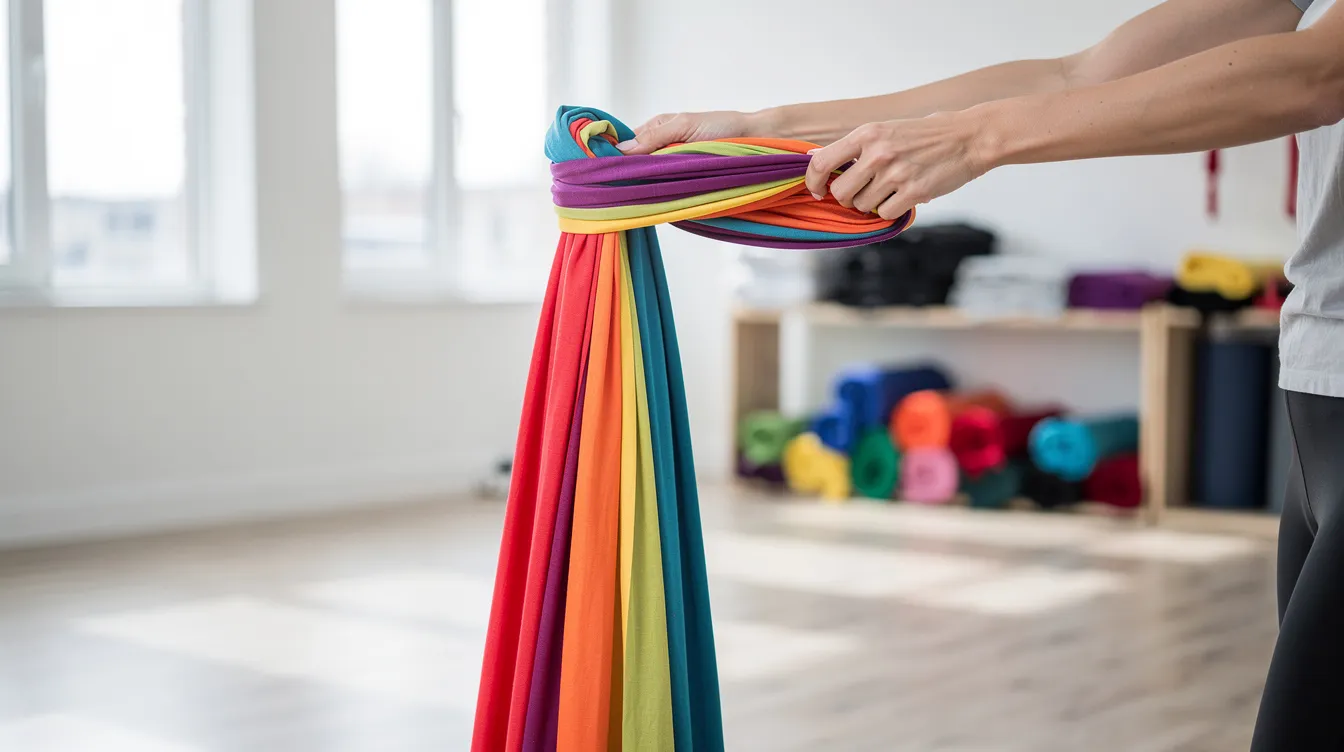 Aerial Yoga: Schweben im Yoga Tuch – Dein kompletter Guide 5 Eine Person faltet ein buntes Aerial Yoga Tuch in einem hellen Raum, während das Tuch ordentlich für die Lagerung vorbereitet wird. Die Farben des Tuchs verleihen dem Raum eine lebendige Atmosphäre, die die Leichtigkeit und Flexibilität der Aerial Yoga Praxis widerspiegelt.