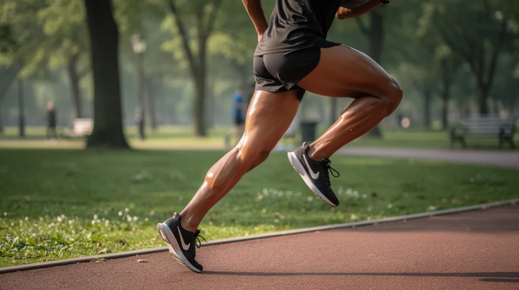Muskeln und Muskulatur: Aufbau, Arten und Funktion im menschlichen Körper 4 Eine Person joggt in einem Park, während ihre Beinmuskulatur deutlich sichtbar arbeitet. Die Skelettmuskulatur ist aktiv und zeigt die Kraft und Bewegung des Körpers während des Laufens.