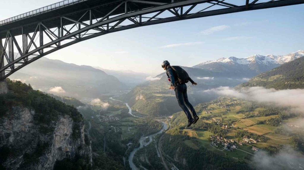 Base-Jumping – B.A.S.E. jumping genau erklärt: Risiken, Technik, Geschichte und wichtige Fakten 2 Das Bild zeigt eine Person beim Base-Jumping von einer Brücke