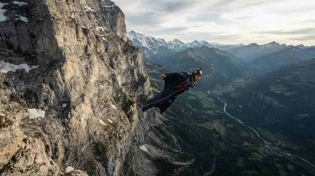 Base-Jumping – B.A.S.E. jumping genau erklärt: Risiken, Technik, Geschichte und wichtige Fakten 3 Das Bild zeigt einen Basejumper beim Absprung vom Fels in einer alpinen Umgebung.