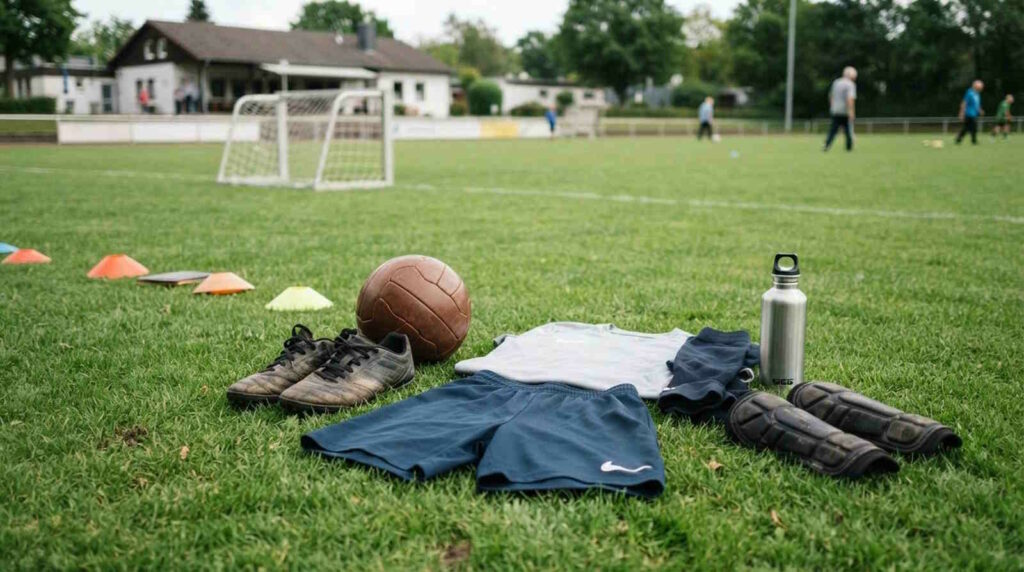 Walking Football: Gehfußball als schonende Fußballvariante 3 Im Bild sieht man eine Ausstattung für Walking Football an einem Spielfeldrand liegen. Dazu gehören Sportschuhe, Trikot und Hose, Stutzen, eine Trinkflasche, Schienbeinschützer und der Ball.