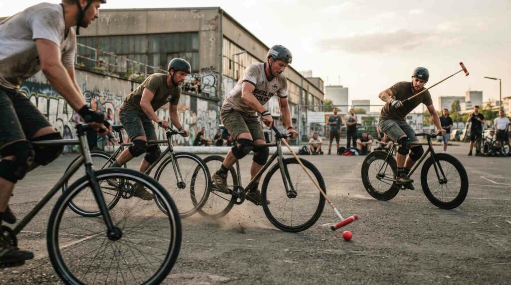 Bike-Polo: Alles Wichtige über den Trendsport auf dem Fahrrad 1 Das Bild zeigt mehrere Sportler bei einem Bike-Polo Match