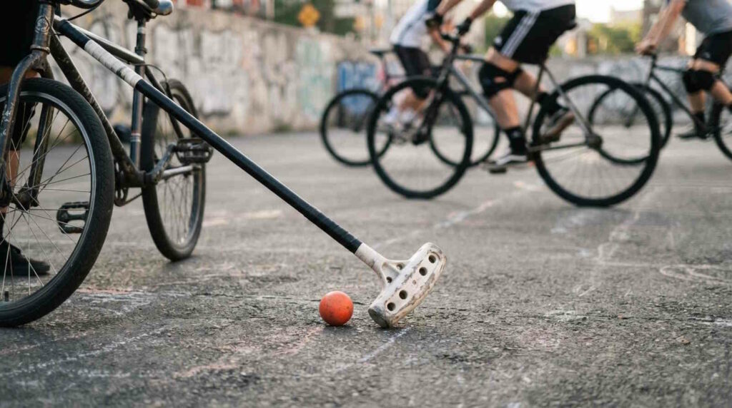 Bike-Polo: Alles Wichtige über den Trendsport auf dem Fahrrad 2 Auf dem Bild sieht man Equipment für Rad-Polo. Einen Schläger, das Fahrrad und einen Ball.