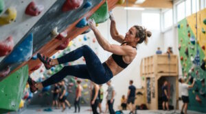 Bouldern: Kraft, Technik und Köpfchen an der Kletterwand 1 Im Bild sieht man eine junge Frau, die in einer modernen Kletterhalle an einer Kletterwand Bouldern ausprobiert.