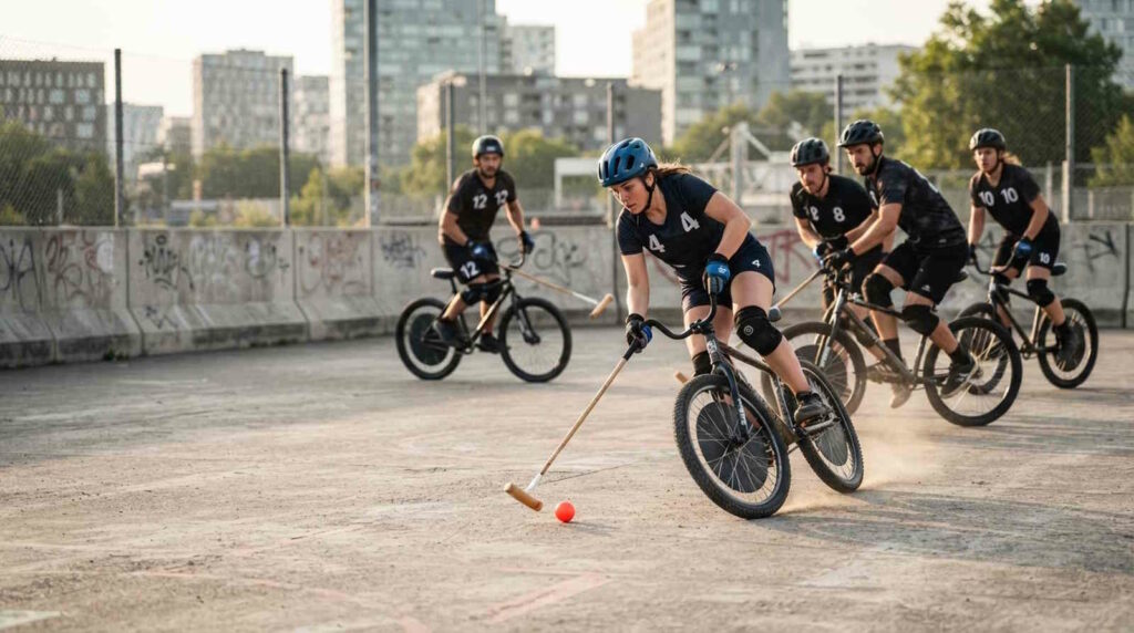 Bike-Polo: Alles Wichtige über den Trendsport auf dem Fahrrad 3 Das Bild zeigt mehrere Spieler bei einem Bike Polo Spiel auf einem urbanen Hardcourt
