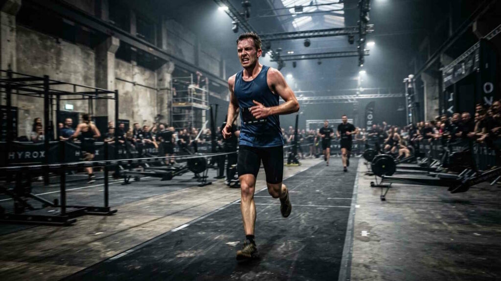 Hyrox: Der trendige Fitness-Wettkampf verbindet Kraftsport mit Laufen und Functional Fitness 1 Das Bild zeigt einen Hyrox Athleten bei einer der Laufsequenzen.