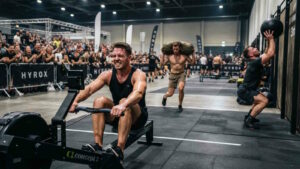 Hyrox: Der trendige Fitness-Wettkampf verbindet Kraftsport mit Laufen und Functional Fitness 1 Das Bild zeigt einzelne Hyrox-Stationen bei einem Wettkampf. Die Zuschauer feuern die Athleten an.