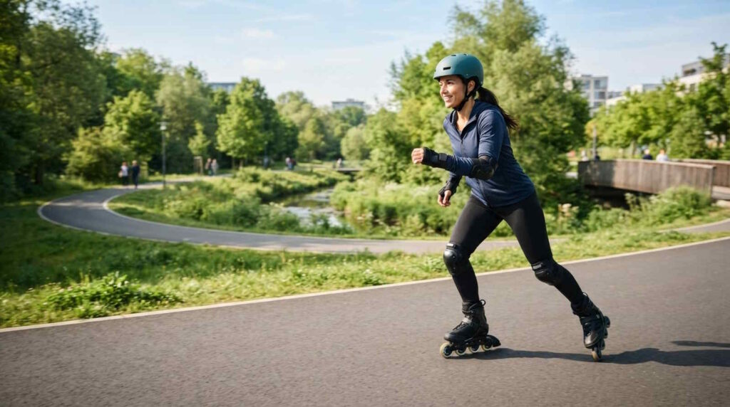 Inline-Skating lernen: 10 wichtige Tipps für Anfänger 1 Das Bild zeigt eine junge Frau auf Inline-Skates, die durch einen Park fährt