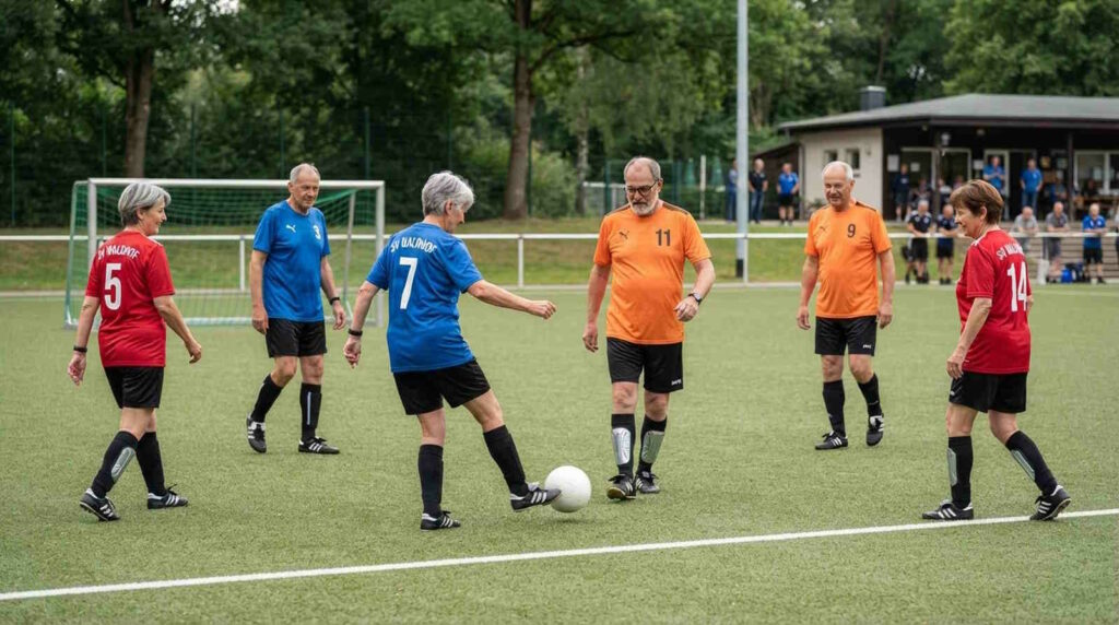 Walking Football: Gehfußball als schonende Fußballvariante 1 Das Bild zeigt ein Passpiel beim Seniorensport Walking Football beziehungsweise Gehfußball