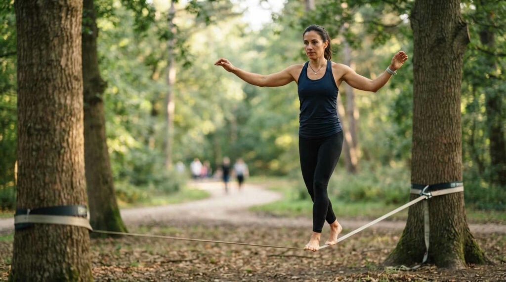 Slacklining: 10 Tipps, Vorteile & Arten erklärt 3 Das Bild zeigt eine Frau auf einer Slackline, die sehr konzentriert schaut und versucht, das Gleichgewicht auf der Line zu halten.