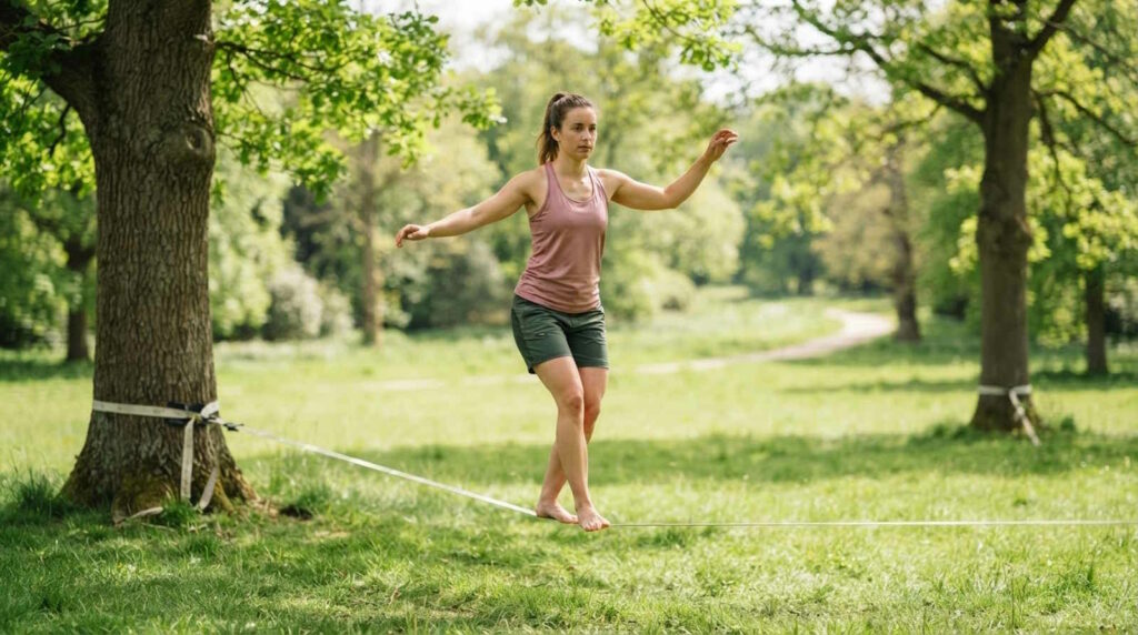 Slacklining: 10 Tipps, Vorteile & Arten erklärt 1 Das Bild zeigt eine junge Frau die eine Slackline zwischen zwei Bäumen im Walf gespannt hat und darauf balanciert.