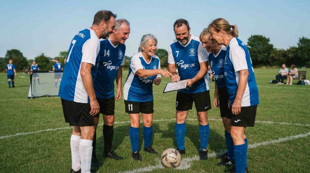 Walking Football: Gehfußball als schonende Fußballvariante 2 Im Bild sieht man einige Spieler, die bei einem Walking Football Spiel ihre Strategie miteinander besprechen.