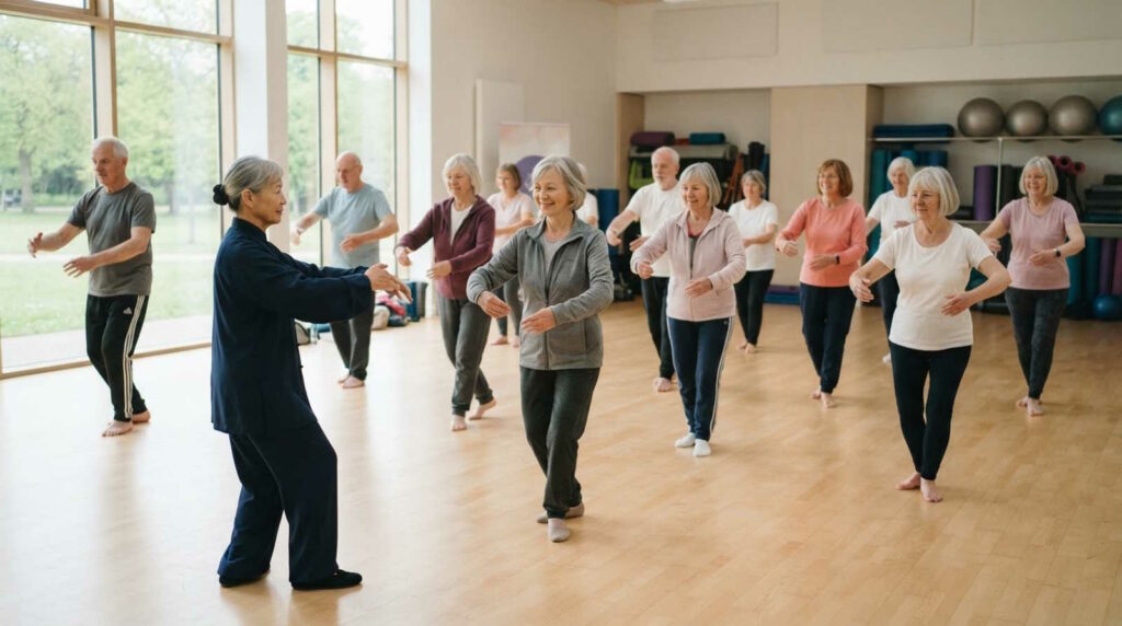 Tai Chi: Wirkung, Übungen, Prinzipien und die traditionelle chinesische Kampfkunst verständlich erklärt 1 Das Bild zeigt eine Tai Chi Gruppe mit Männern und Frauen gesetzten Alters in einem Gymnastikraum.