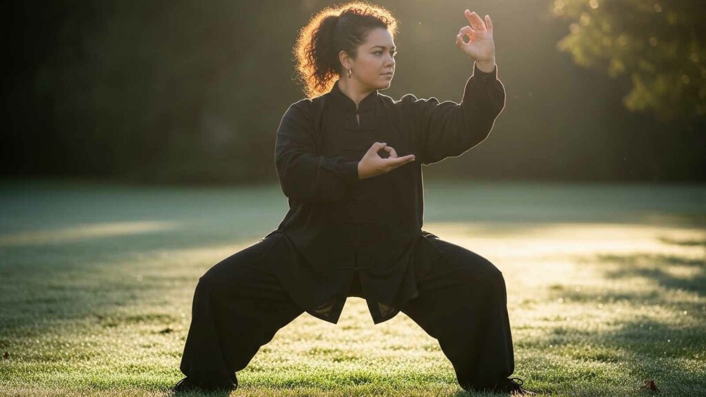 Tai Chi: Wirkung, Übungen, Prinzipien und die traditionelle chinesische Kampfkunst verständlich erklärt 3 Tai Chi Sportlerin im Grünen