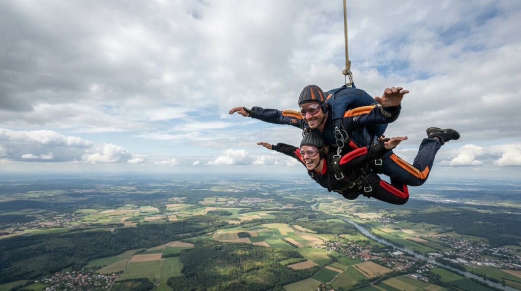 Fallschirmspringen: Ultimativer Guide mit Tipps zu Sicherheit, Vorbereitung, Kosten und mehr 6 Das Bild stellt dar, dass beim Fallschirmspringen die Wetterlage eine bedeutende Rolle spielt. Ein Tandempaar, das sich trotz bewölktem Himmel im freien Fall befindet.