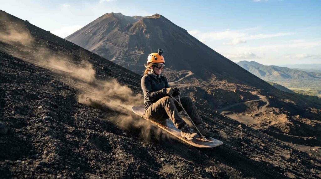 Volcano Boarding: Ultimativer Ratgeber – beste Spots, Kosten, Tipps & Sicherheit 1 Das Bild zeigt eine Frau beim Volcano Boarding, einer Abfahrt auf einem Board auf einem Vulkan.