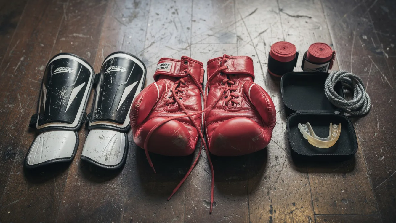 Kampfsportarten: Überblick, Auswahl und Praxis 3 Auf einem Holzboden sind verschiedene Kampfsport-Ausrüstungen ausgelegt, darunter Boxhandschuhe, Schienbeinschoner und ein Zahnschutz, die für das Training in verschiedenen Kampfkünsten wie Karate, Kickboxen und Muay Thai verwendet werden. Diese Ausrüstungsgegenstände repräsentieren die Vielfalt und Disziplin der Kampfsportarten und sind für Anfänger sowie erfahrene Kämpfer wichtig.