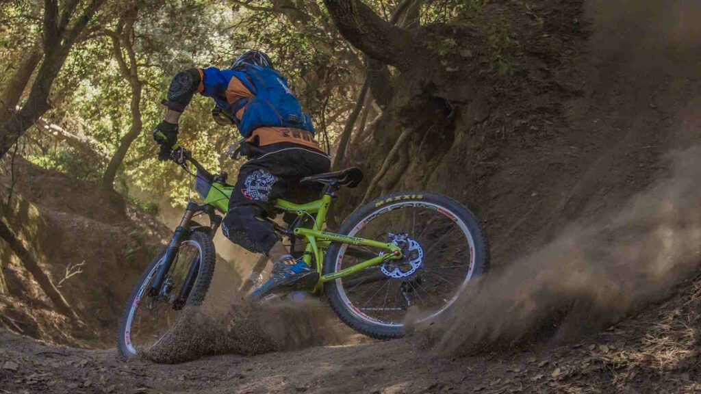 Downhill-Mountainbiking: Technik, Bikes & Tipps für Einsteiger 1 Ein Biker beim Downhill-Mountainbiking auf einem bewaldeten Trail.