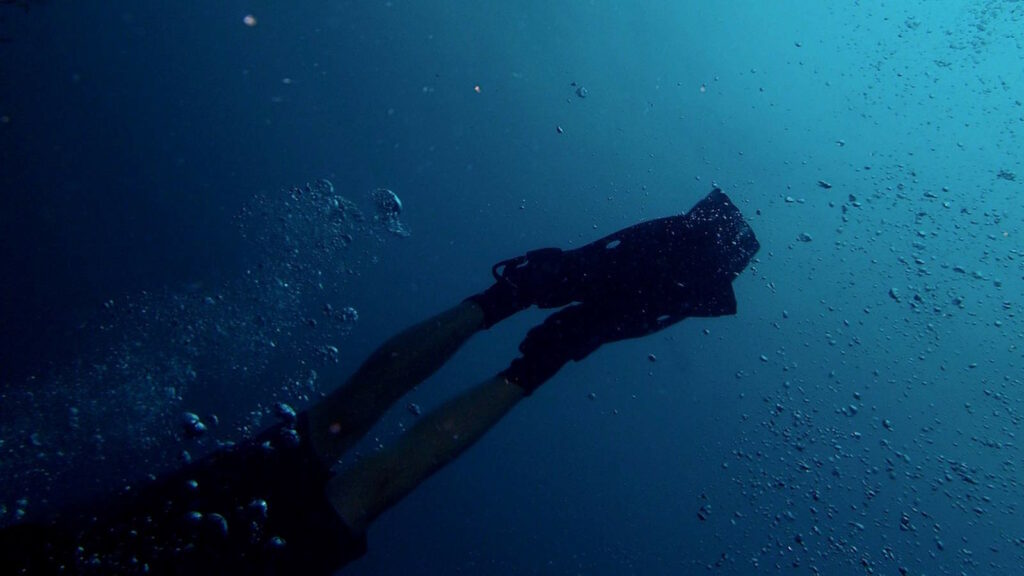 Apnoetauchen: Freitauchen ohne Atemgerät mit einem einzigen Atemzug 3 Ein Taucher im Meer, von dem man nur die Taucherflosse sieht