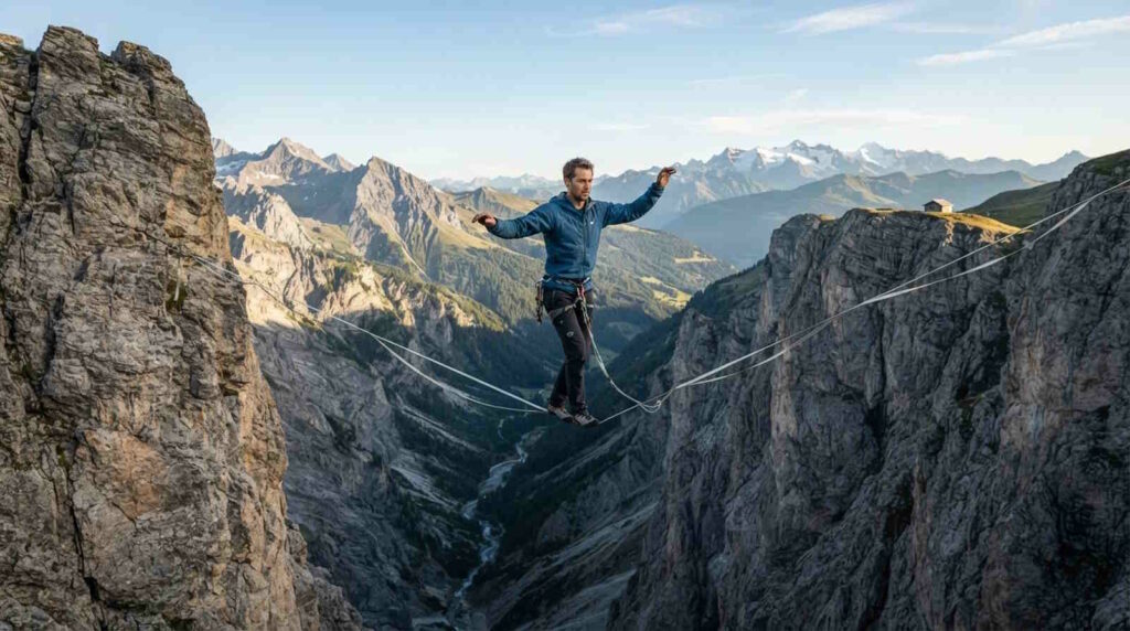 Highlining: Balanceakt auf der Slackline zwischen Gipfeln, Schluchten und Klippen 4 Ein Highliner überquert auf der Slackline eine alpine Schlucht