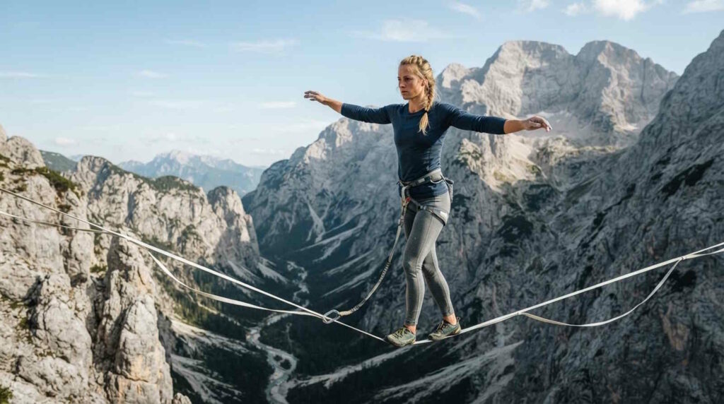 Highlining: Balanceakt auf der Slackline zwischen Gipfeln, Schluchten und Klippen 1 Das Bild zeigt eine Frau beim Highlining über einer Schlucht in den Alpen.