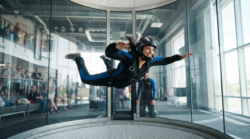Indoor Skydiving – Bodyflying: Fliegen im Windkanal 1 Frau schwebt beim Indoor Skydiving in einem vertikalen Windkanal