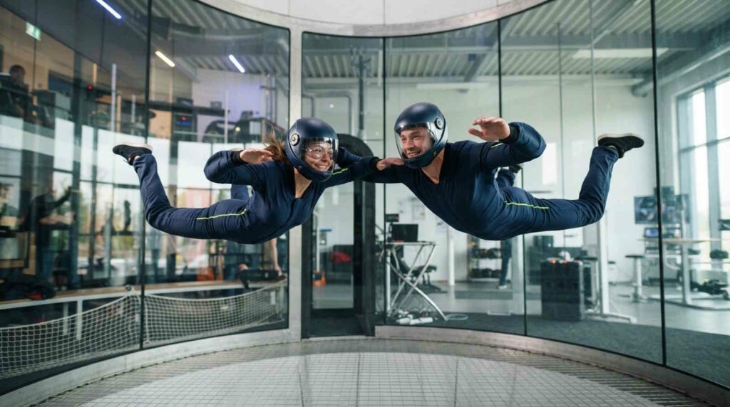 Indoor Skydiving – Bodyflying: Fliegen im Windkanal 2 Zwei Personen schweben beim Indoor Skydiven zusammen im Windkanal