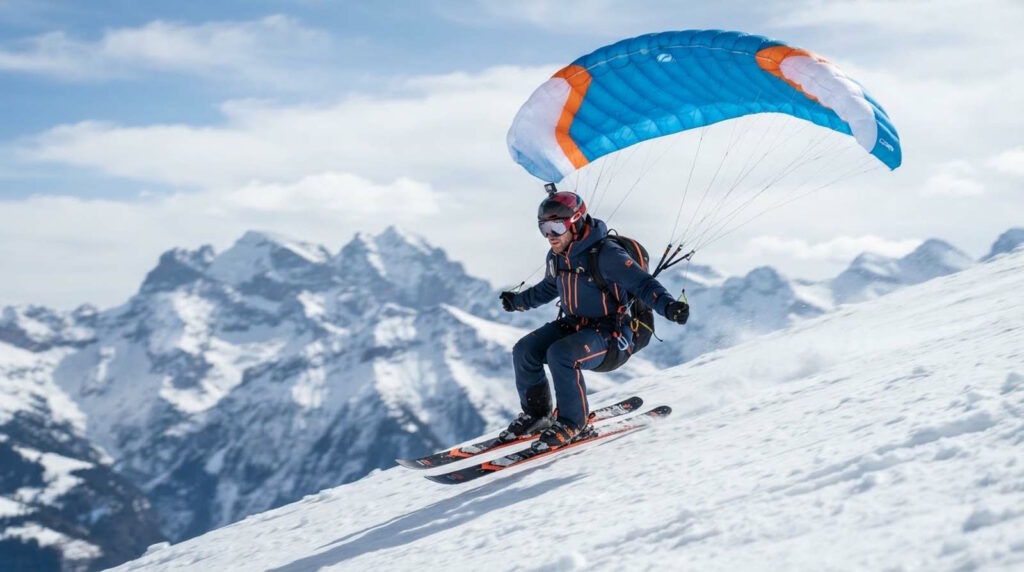 Speedriding: Alles über Technik, Ausrüstung, Geschwindigkeit und Sicherheit 1 Im Bild sieht man einen Sportler beim Speedriding mit einem Gleitschirm in den Alpen