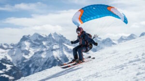 Speedriding: Alles über Technik, Ausrüstung, Geschwindigkeit und Sicherheit 1 Im Bild sieht man einen Sportler beim Speedriding mit einem Gleitschirm in den Alpen