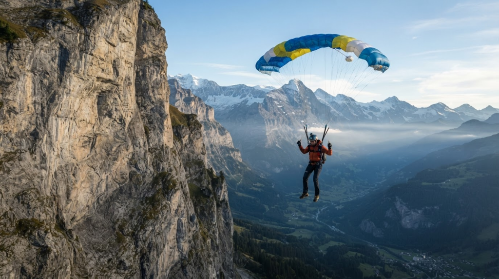 Base-Jumping – B.A.S.E. jumping genau erklärt: Risiken, Technik, Geschichte und wichtige Fakten 1 Ein Springer öffnet nach dem Absprung beim Base-Jumping seinen Fallschirm