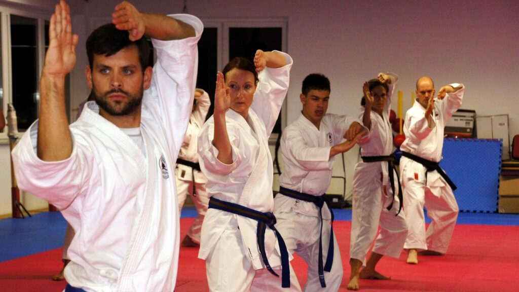 Karate - alles Wichtige zur Kampfsportart zusammengefasst 1 Training im Dojo in traditioneller Karate-Kleidung.